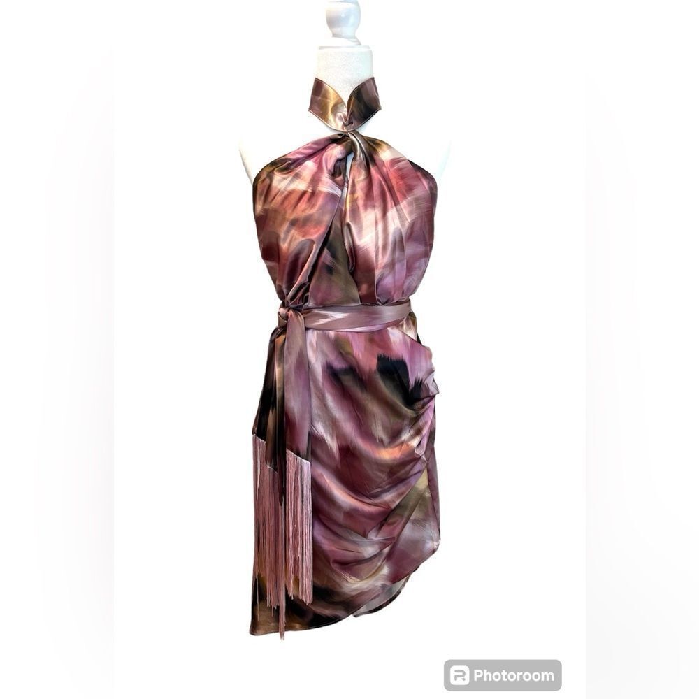 Badgley Mischka Pink and Brown Satin Halter Midi Dress